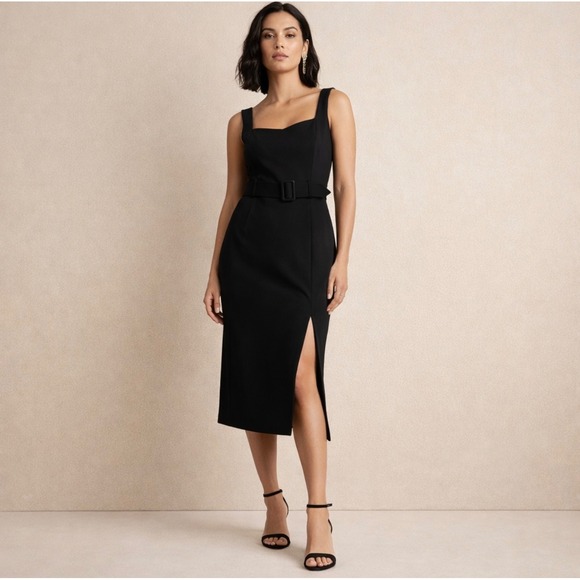 Banana Republic Dresses & Skirts - Banana Republic Black Square Neck Belted Sheath Dress Formal Slit Size 18 NEW‎